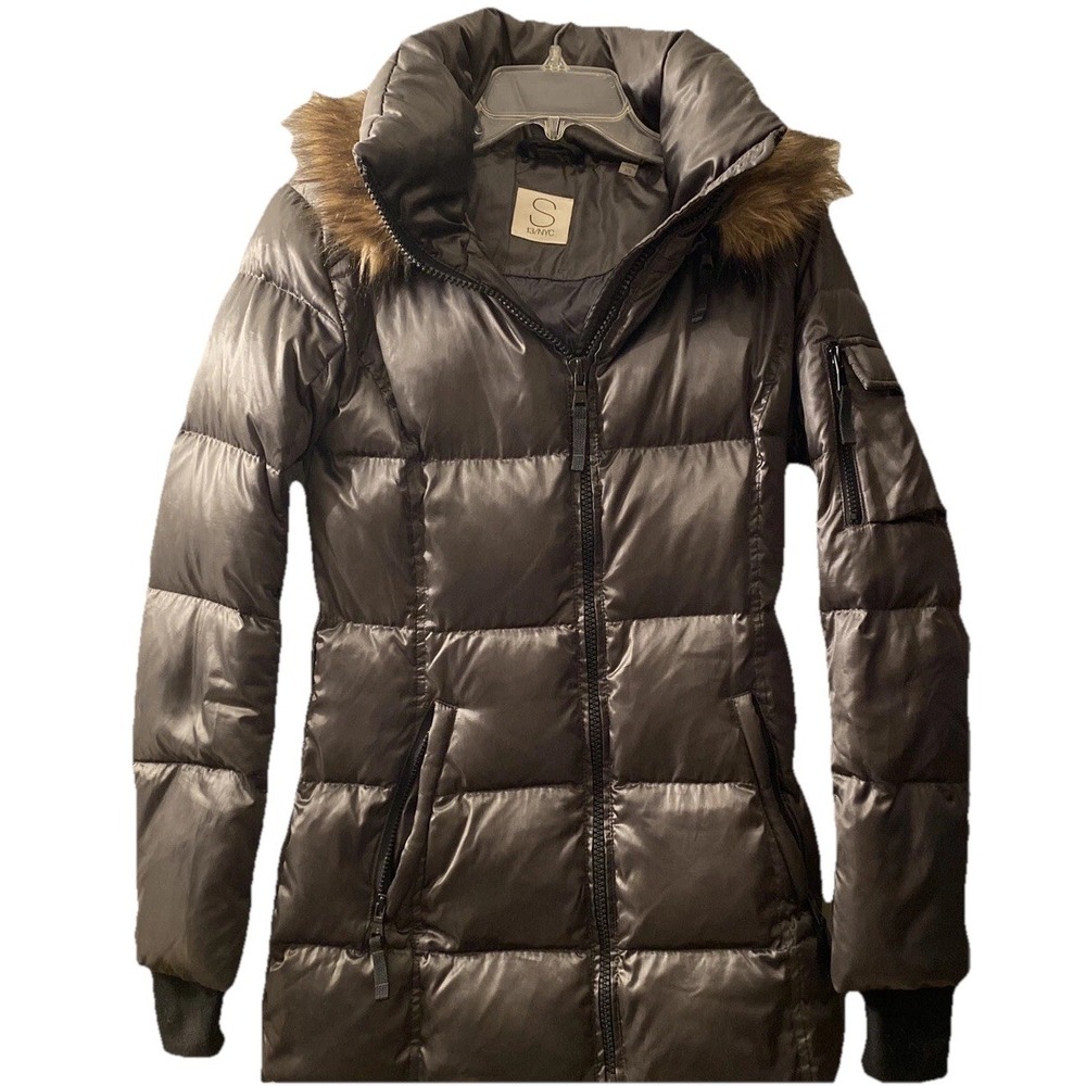 Puffer Jacket Down S13 NYC Faux Fur Hood Chalet Satin Brown Women's XS No Belt